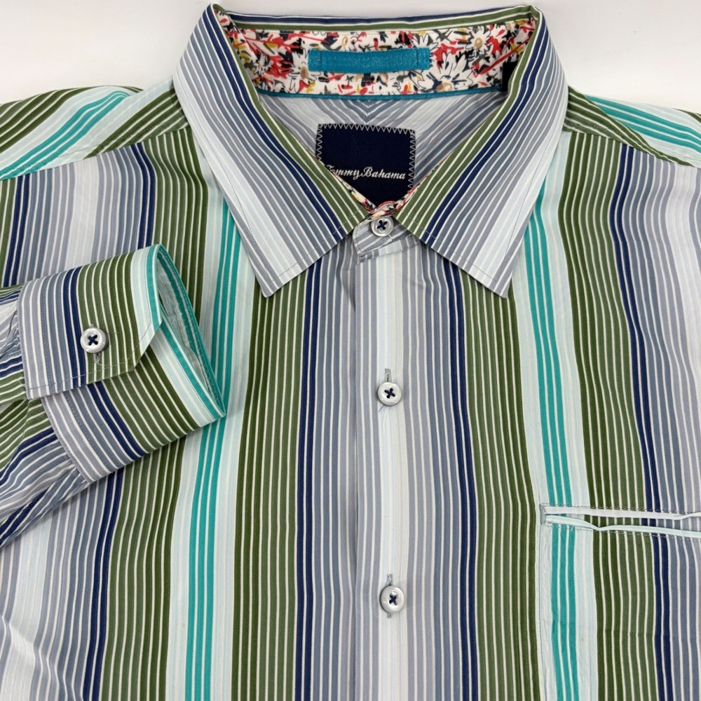 Tommy Bahama Mens Striped Button Down Shirt XL Cotton SILK‎ Blend Aloha Casual
